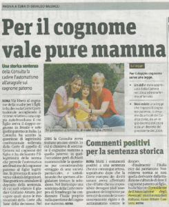 articolo-1-245x300 Per il cognome vale pure mamma - Commenti positivi per la sentenza storica